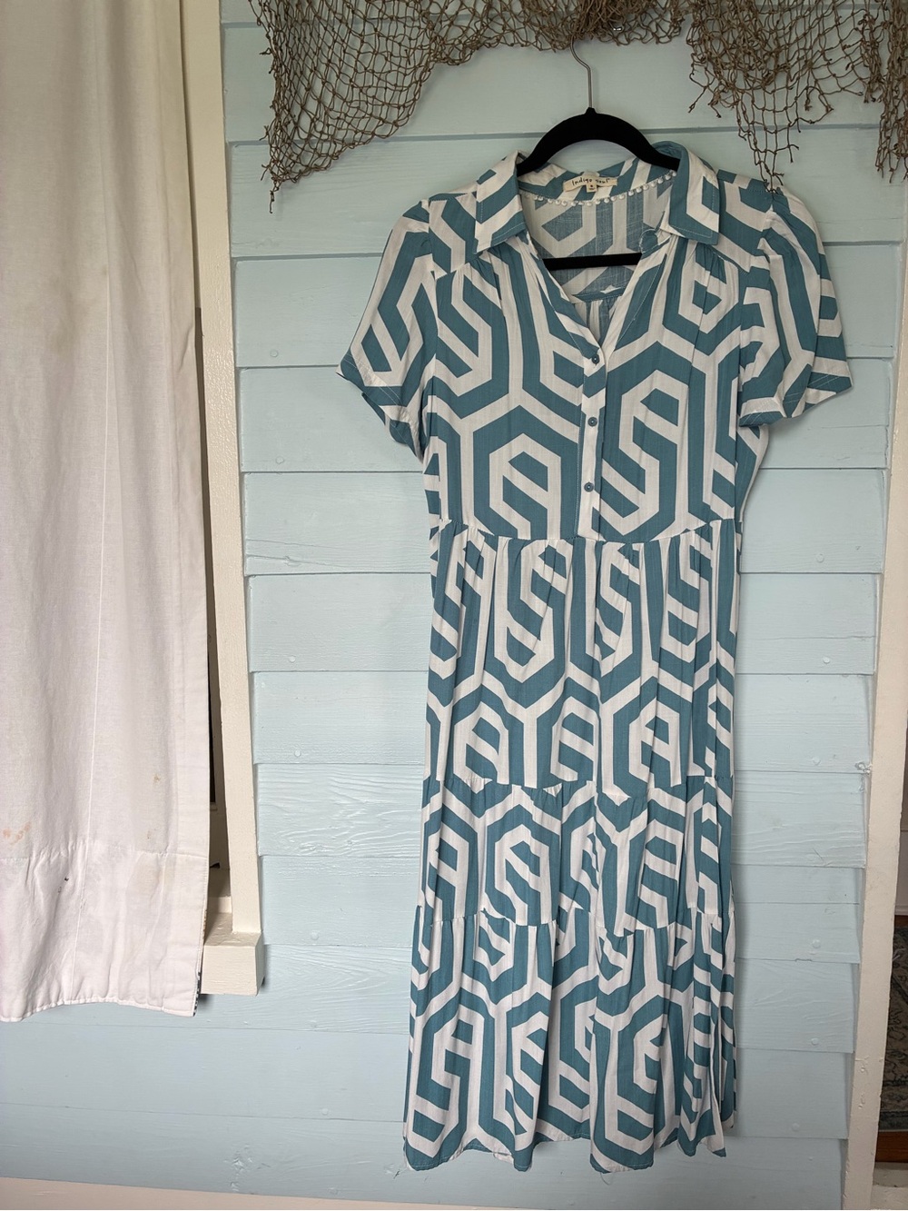 indigo soul Teal and White Geometric Midi Dress